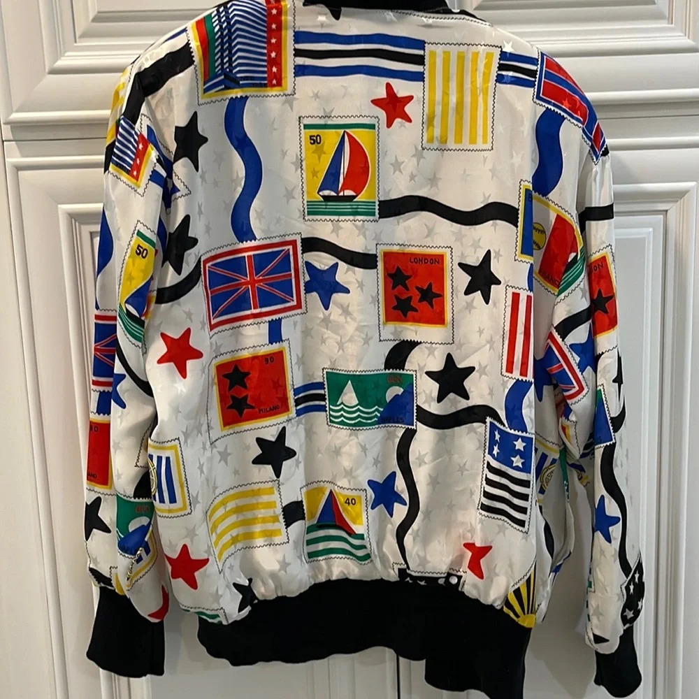 Vintage Jordana Stamps Flags zip Up Jacket Elastic Waist Blouse Small - Picture 2 of 16